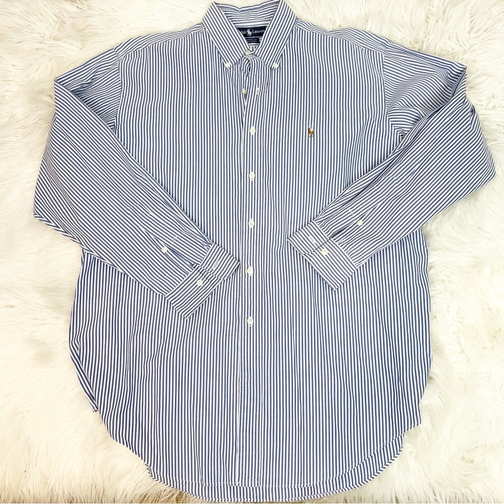 Ralph Lauren Blue White Stripe Long Sleeve Button Front Shirt Mens Sz 17/35